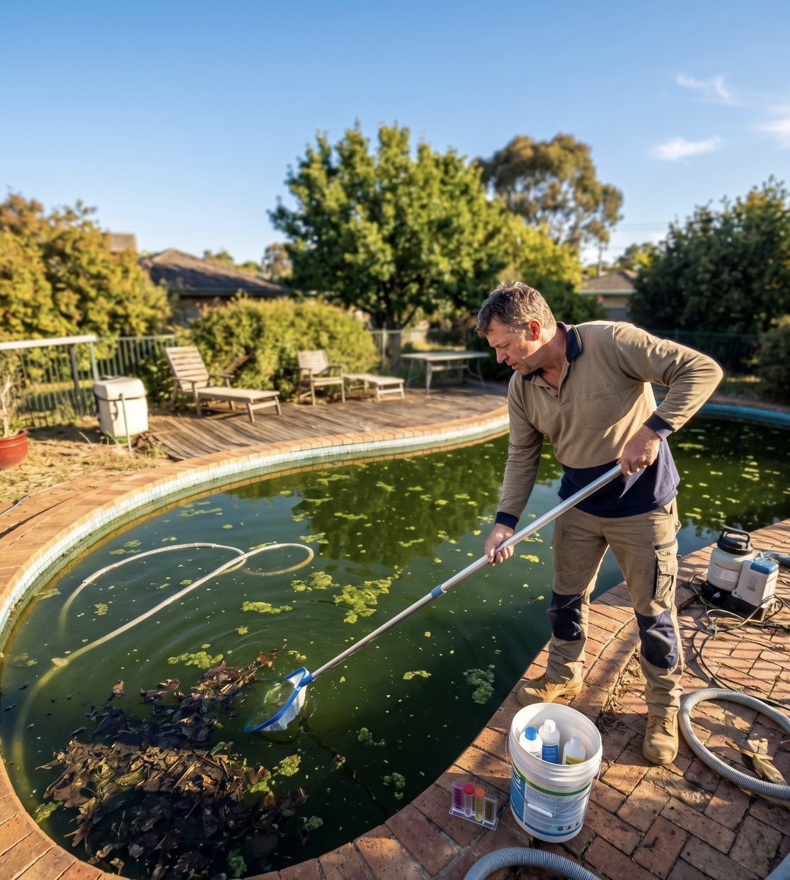 PoolieMate technician rescuing a green algae-filled pool
