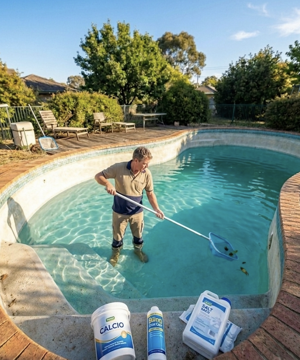 PoolieMate technician skimming a backyard pool
