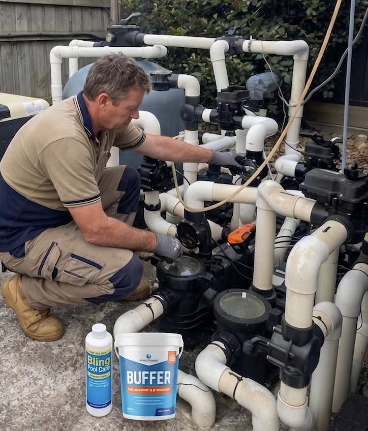 PoolieMate technician servicing pool pumps and filters